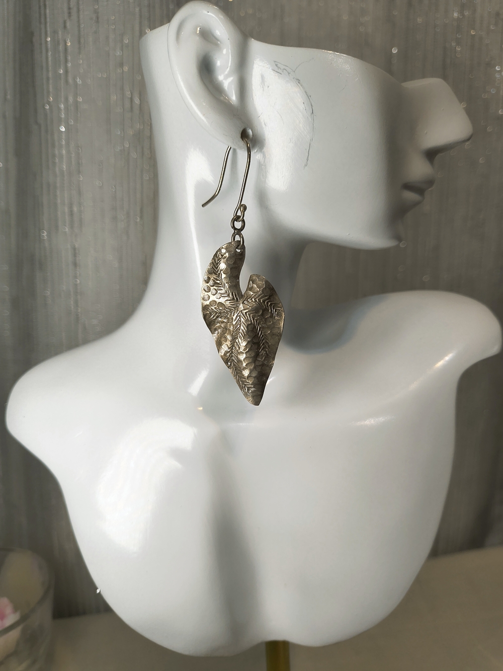 Vintage Sterling Silver Leaf Earrings Large Textured Dangle Artisan 925